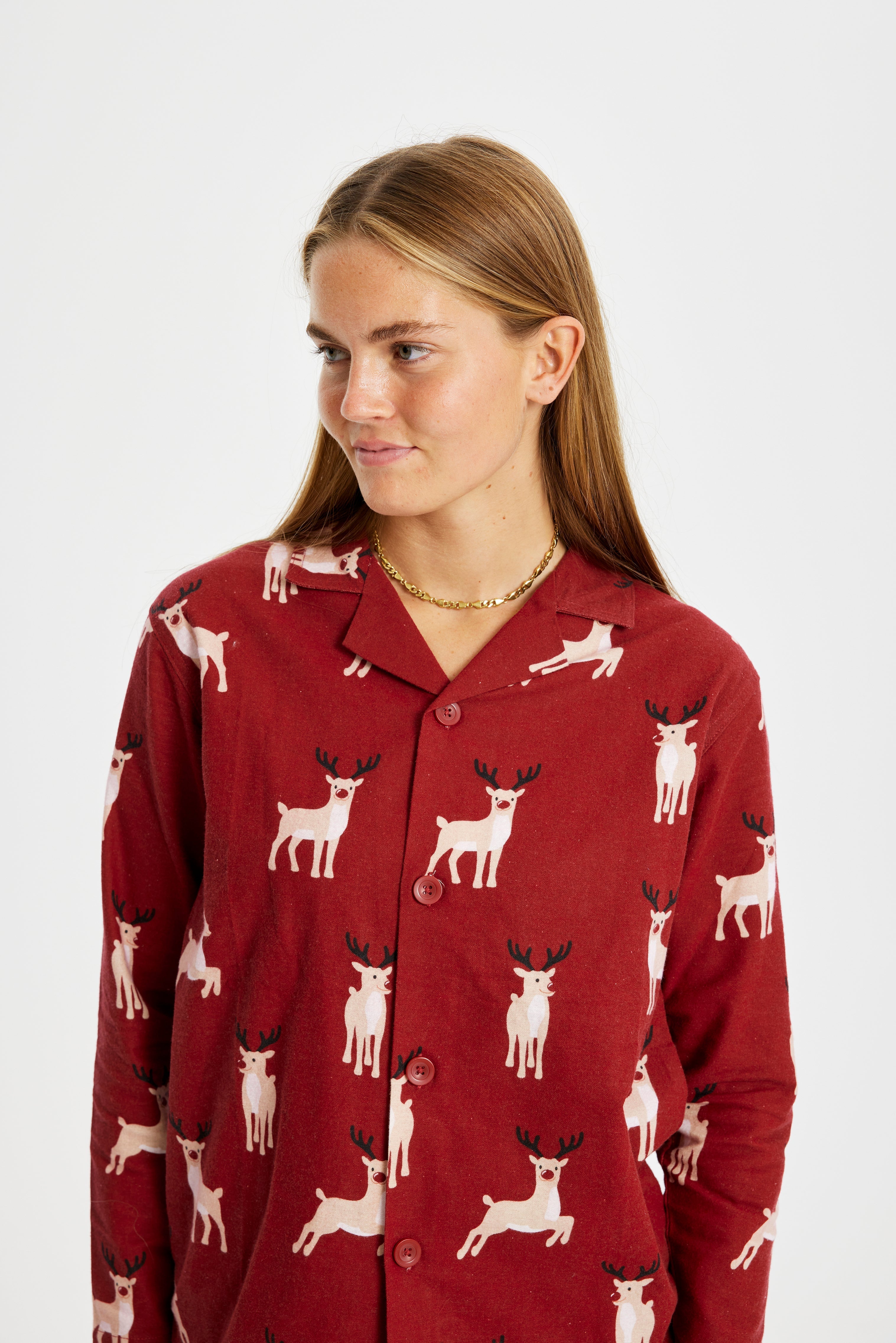 Roter Flanell Weihnachtspyjama Damen mit Rentiermuster, weihnachtspyjama damen, weihnachtspullover damen.
